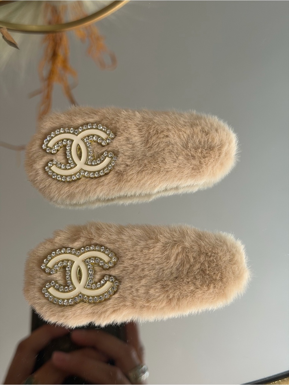 CHANEL Beige Faux Fur Hair Clips with Crystal CC Emblems